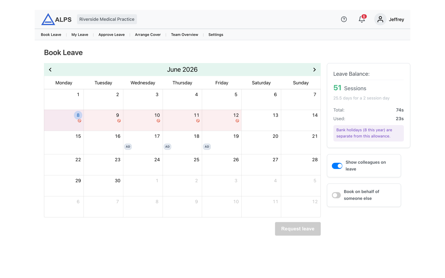 The ALPS leave booking calendar showing a month view with leave balance