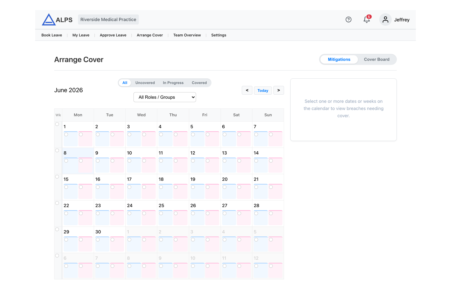 Arrange Cover calendar showing mitigation workflow