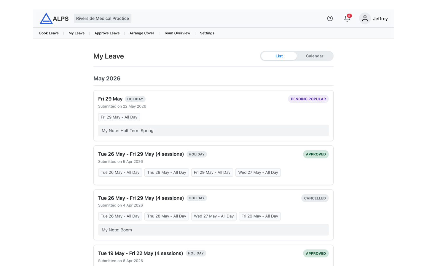 My Leave list showing request statuses