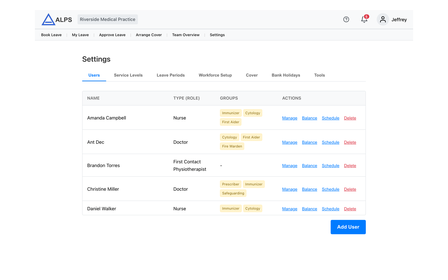 Settings area showing user management
