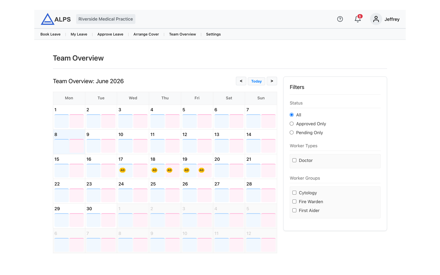 Team overview calendar with AM/PM split and filters
